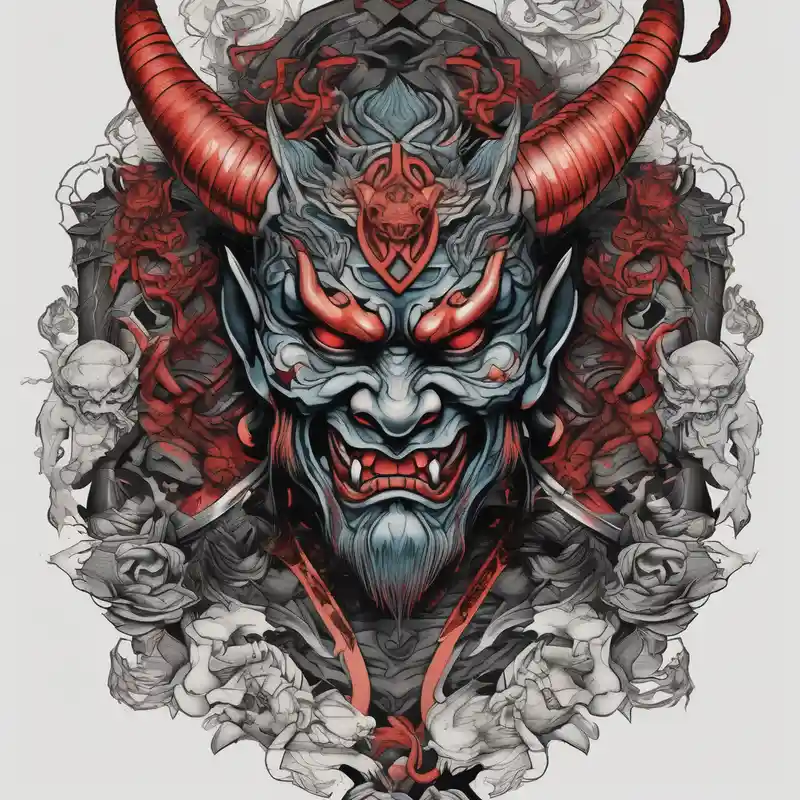 Back Tattoo with An Oni With a broken mask and a Sword, Dragons & snakes floral sleeve tattoo – Blackwork, Colores vivos